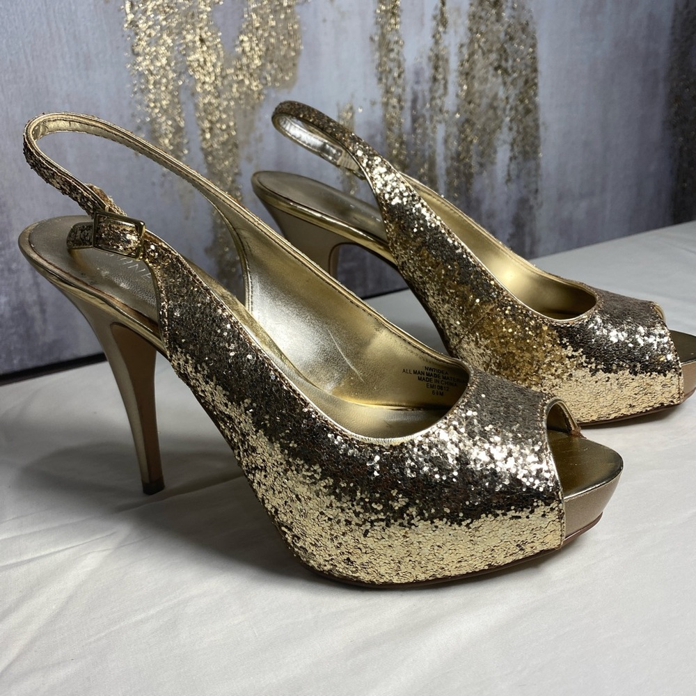 Nine West Women's Heels Glameron Gold Sparkle Metallic Slingback Size 6.5 ⭐️ - Picture 2 of 7
